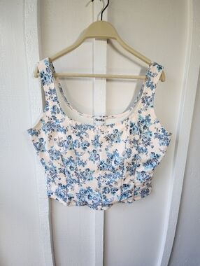 Arula Blue Floral Scoop Corset Neck Crop Top Fairycore Floral Size X 10-14